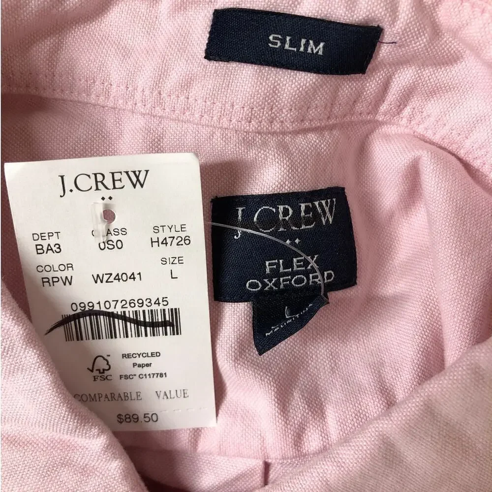J. Crew Slim Flex Oxford Shirt Button Up Long Sleeve Resort Pink White NWT Large